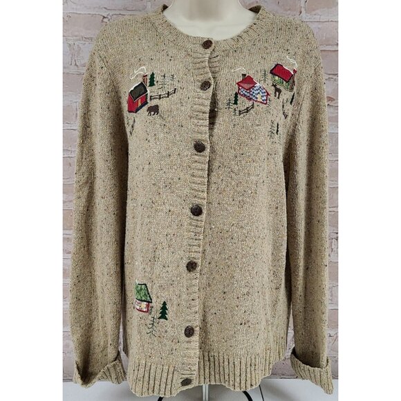 Breckenridge Wool Blend Cardigan Sweater Cabin Moose Bear Stitching Women's L - Picture 1 of 16